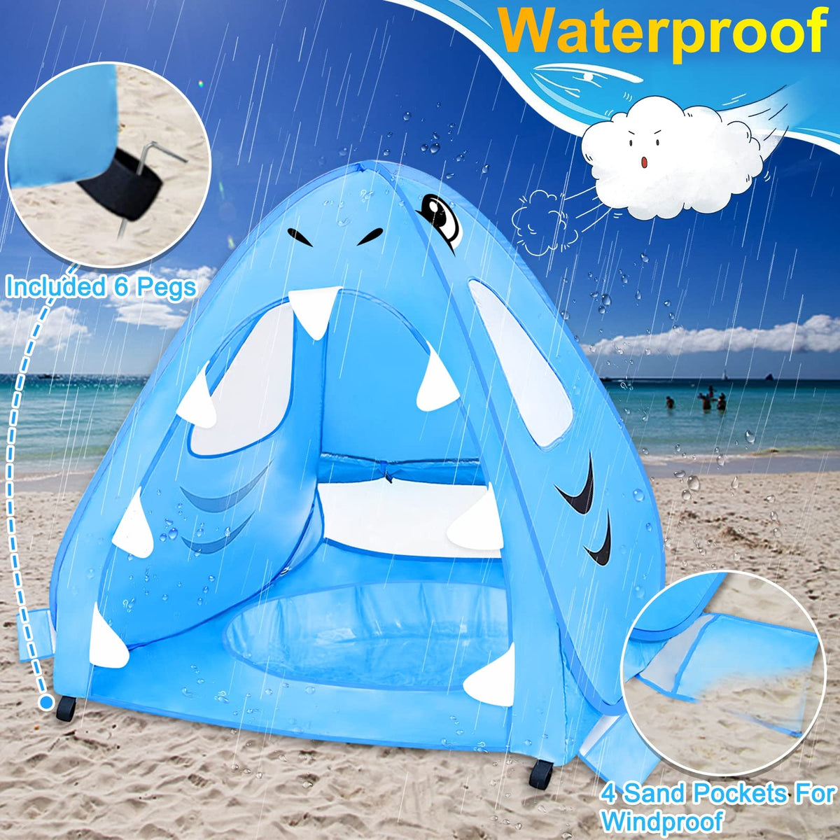 [ Extra High ] Shark Baby Beach Tent with Pool, Pop Up Kiddie Pool Tents Baby Beach Essentials UPF 50+ UV Protection 4 Sand Pockets 3 Mesh Windows Sun Beach Shade Tent for Toddler Aged 3-60 Months