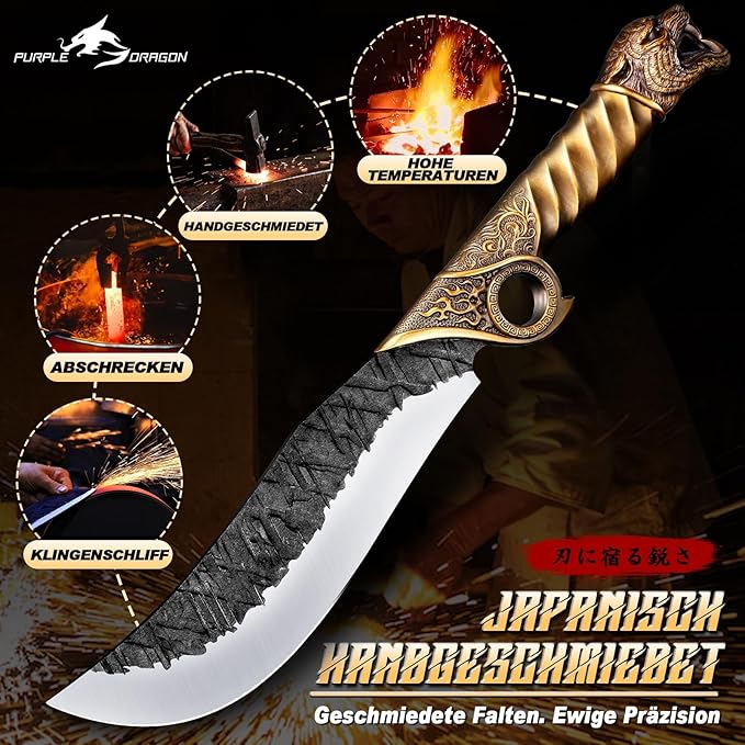 Purple Dragon Heavy Duty Machete for Cutting Trees – Japanese Forged Survival Machete with Tiger Head Handle, Gardening Machetes with Leather Sheath, Yard Work & Outdoor Camping Machetes