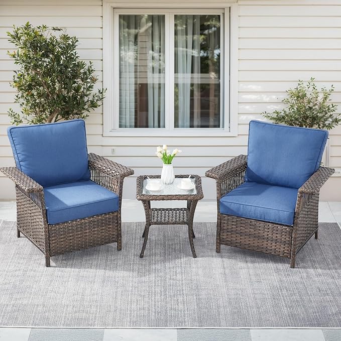 Wicker Outdoor Chairs Set - 3 Pieces Hollow Widen Armrests Patio Furniture Set with Side Table, Comfortable High Back Rattan Chairs for Balcony Porch Deck and Yard - Brown/Blue