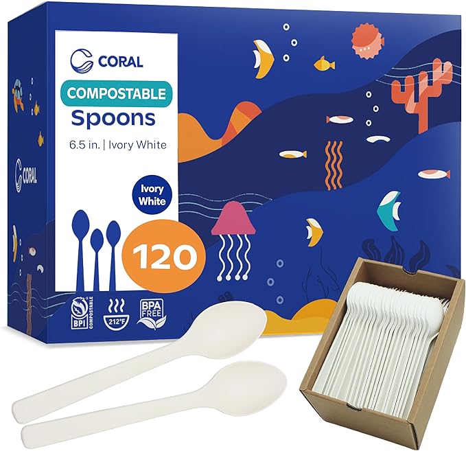 CORAL Ivory White 100% Compostable Spoons - 120 Heavy Duty No Plastic Spoons (6.5 inch) - Break Resistant with Smooth Edges, Ocean Friendly Alternative to Plastic Utensils - Biodegradable & Disposable