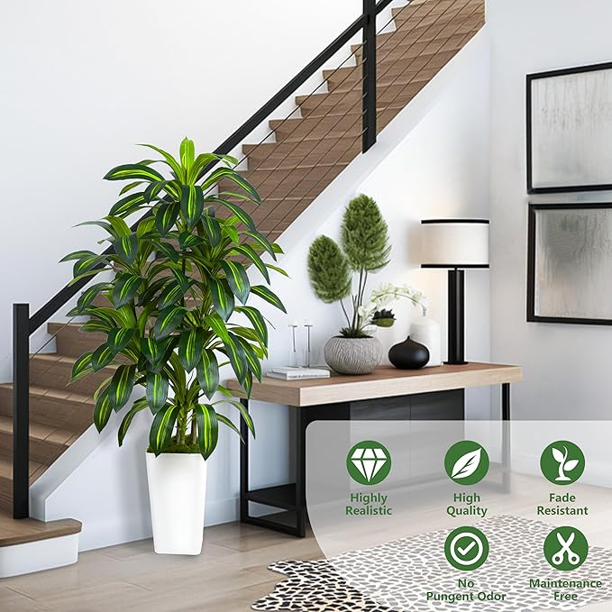 Artificial Dracaena Plant Indoor Fake Tree, Tall Fake Floor Plants with White Planter, Artificial Yucca Tree for Home Office Living Room Bedroom Farmhouse Modern Outdoor Topiary Tree (6 Trunks 5FT)