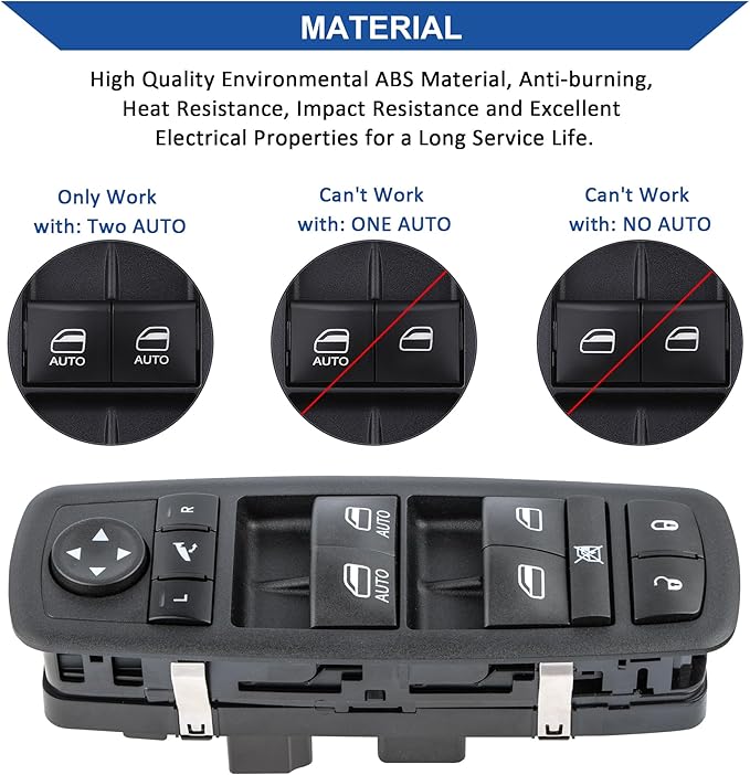 Obaee Driver Side Power Window Switch Compatible with 2012-2015 Dodge Grand Caravan, 2013-2015 Ram 1500 2500, 2015 Ram 3500, 2012-2015 Town & Country, Replaces 68110867AB, 68110867AA, 3+9 Pins