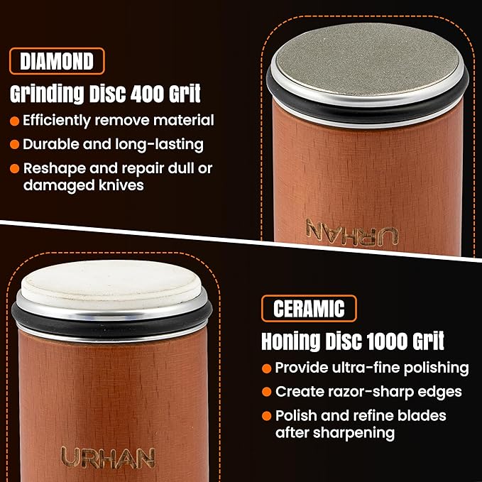 URHAN Rolling Knife Sharpener Kit – 5 Magnetic Angles (12, 15, 17, 19 & 22 Degrees) – Diamonds and Ceramic Discs – Durable Knife Sharpening System – Easy to Use at Home – Suitable for Kitchen Knives