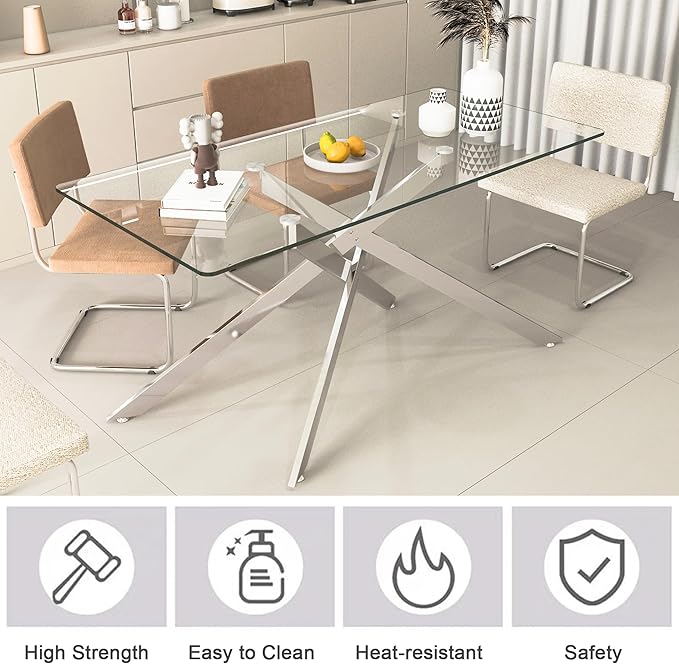 60" Rectangular Glass Dining Table Modern Kitchen Glass Top Table for 6 with Silver Metal Legs, Clear Dining Table Kitchen Table for Home Office Dining Room
