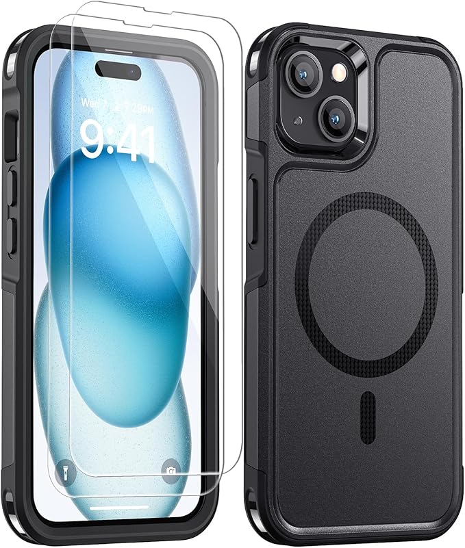 Lanhiem for iPhone 15 Case Magnetic, [2 Pack Tempered Glass Screen Protector][Compatible with MagSafe][10 FT Military Grade Shockproof] Heavy Duty Tough Rugged Phone Cover for iPhone 15 - Black