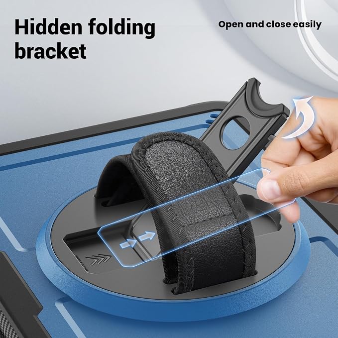Case for iPad (A16) 11th Generation 11 inch 2025 Lightweight Rugged Dual-Material Design 360° Rotating Adjustable Leather Hand Strap Foldable Kickstand Durable with Full ProtectionBlue