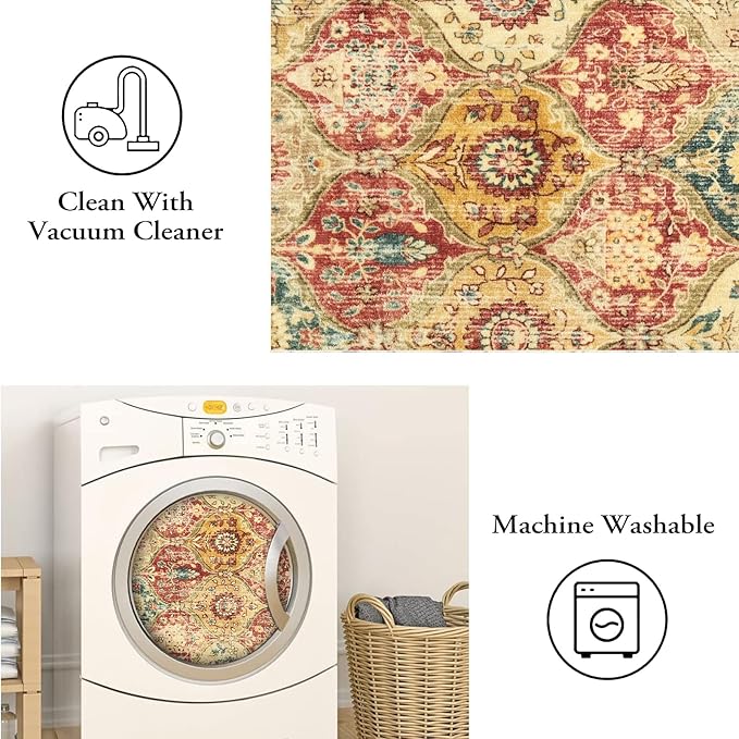 Lahome Moroccan Trellis Washable Small Area Rug, 3x5 Area Rug for Bedroom Living Room, Non-Slip Oriental Accent Throw Carpet for Kitchen Office Entryway Bathroom Office, Red/Orange