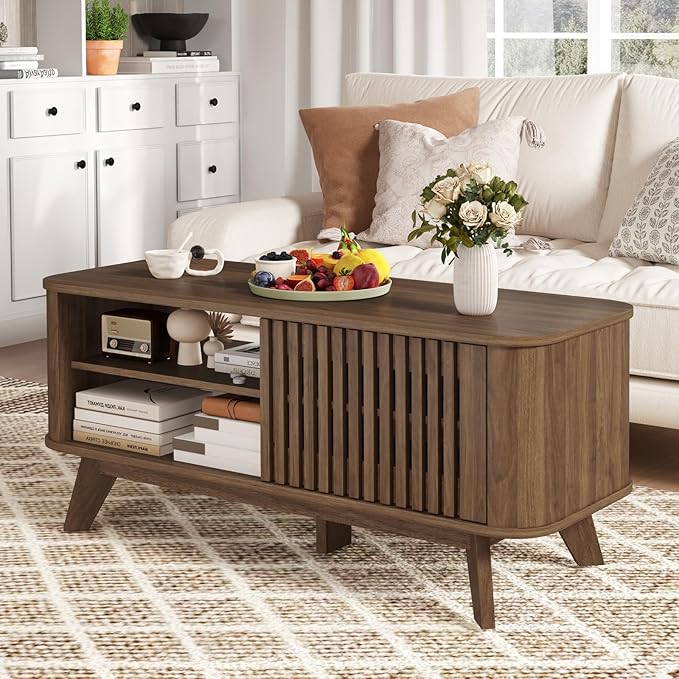 Giantex Coffee Table with Storage, Mid Century Modern Tea Table with Adjustable Shelves & 2 Doors, Wood Coffee Tables w/Fluted Design, Rectangular Farmhouse Center Table for Living Room, Bedroom