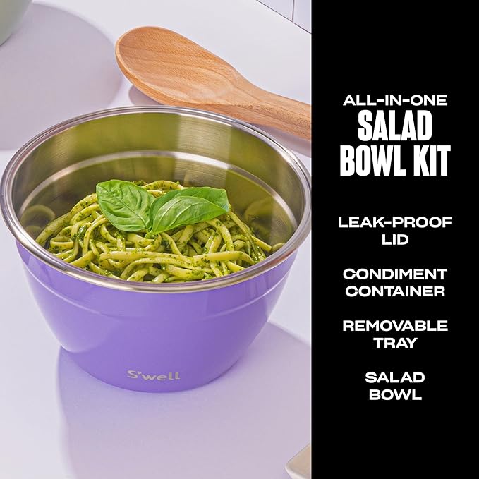 S'well Stainless Steel Salad Bowl Kit 64oz, Hillside Lavender, Comes with 2oz Mini Canister and Removable Tray for Organization, Leakproof, Easy to Clean, Dishwasher Safe