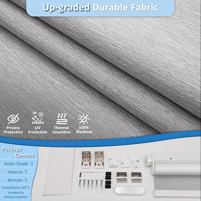 MANSNIX Smart Motorized Blinds with Remote, Cordless No-Drill Automatic Roller Shades, Blackout Electric Blind for Windows, Grey, 24 x 72