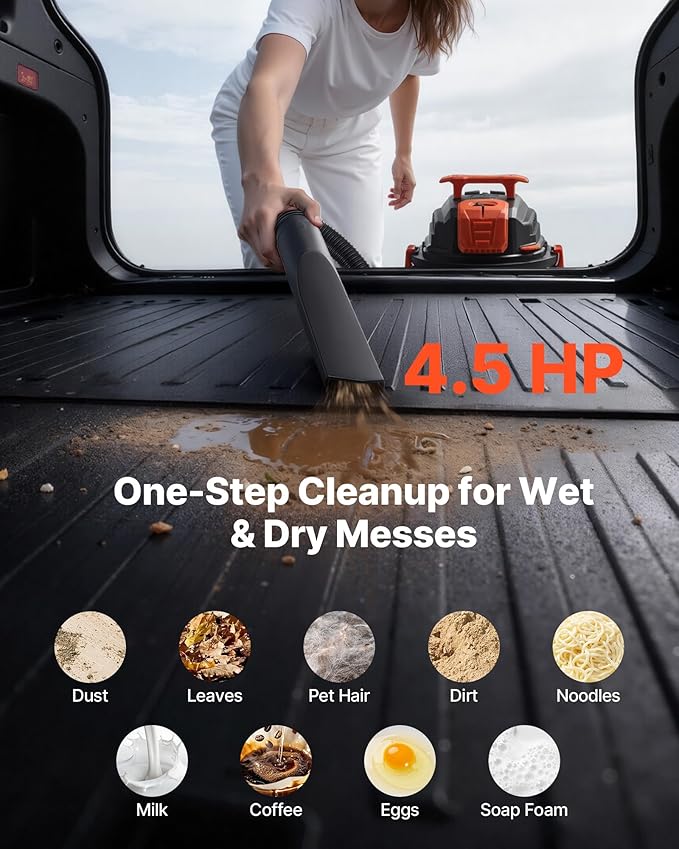 VEVOR Shop Vac, 8 Gallon Wet Dry Shop Vacuum, 4.5 Peak HP Portable with One-Button Self-Cleaning, Dual-Filter, 900W Input Power, 1.25in x 7ft Hose, 9.8ft Cord for Jobsite, Workshop, Garage, Home