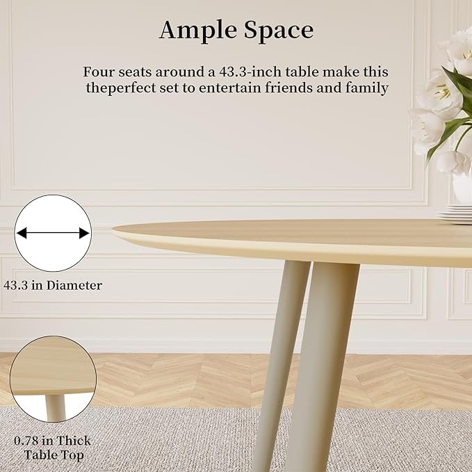 43.3 Inch Round Dining Table Set for 4, Modern Small Kitchen Coffee Set for Dining Room Kitchen Apartment (Cream Table+4 U-Shaped BlackChairs)