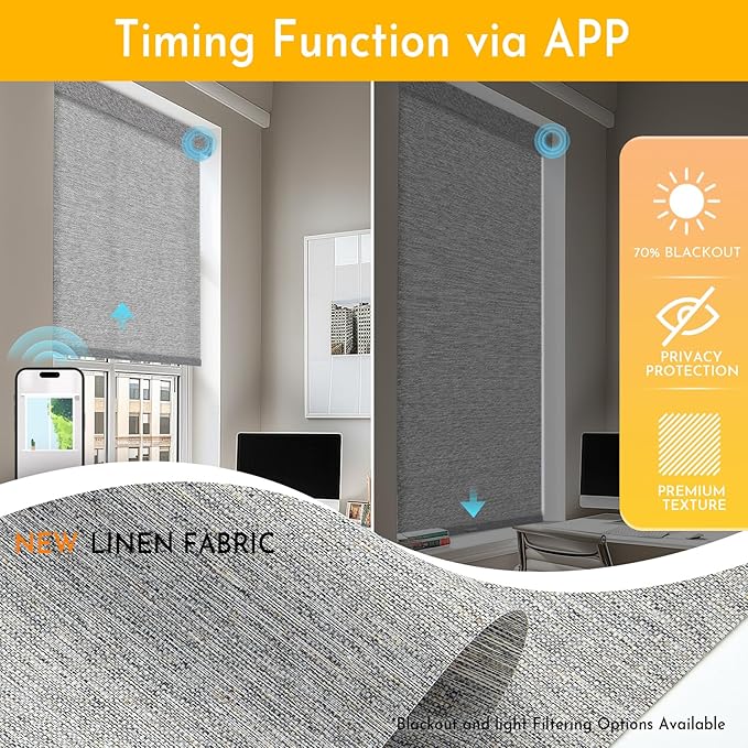 Persilux Smart Motorized Blinds with Remote, No Drill Automatic Roller Shades for Indoor Windows, Light Filtering Linen Fabric, Electric Blinds for Windows, Linen Grey C156-5, Custom Size