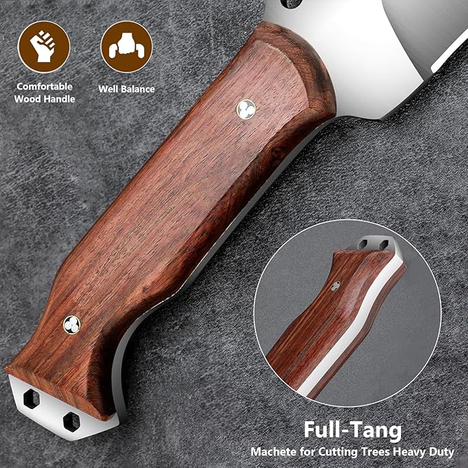 Machete w Sheath for Yard Work, 15'' Full Tang Camping Machete for Cutting Trees Heavy Duty, Survival Machetes, 0.22’’ Thick 5CR15MOV Stainless Steel Blade Spine & Wood Handle, Clearing Brush and Gardening