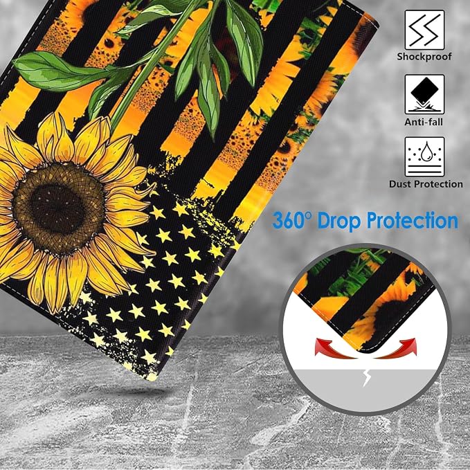 WEUIUJKILO Case for iPad (A16) 11th Generation 11 Inch 2025 iPad 10th Generation 10.9 Inch 2022 Slim PU Leather Folding Stand Smart Cover with Auto Sleep/Wake American Flag and Sunflower
