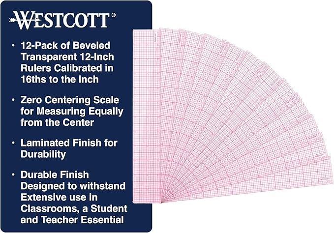 Westcott 8ths Graph Transparent Beveled Edge Ruler, Zero Centering Scale, Durable Laminated Finish,12-Inch, Office, Drafting, Sewing, Engineering, School Supplies (Pack of 144)