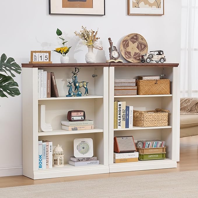 43" White Tall Bookshelf Set of 3,3-Tier Thick Wooden Book Shelf with Adjustable Shelves,Free Standing Farmhouse Bookcase with Open Display Storage,Floor Vintage Bookshelves for Living Room