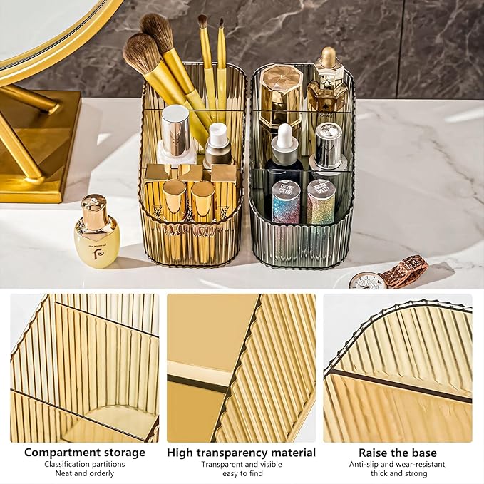 DASITON Large Capacity Makeup Brush Holder,3 Slot Makeup Brush Cup,Vintage striped Make Up Brush Holder,for Vanity Decor,Bathroom Countertops,Desk Storage Container,Cosmetic Display cases(Amber-S)
