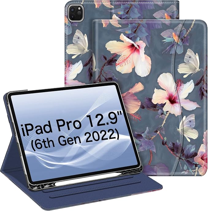 Fintie Multi-Angle Folio Case for iPad Pro 12.9 6th/5th/4th/3rd Generation | Multiple Viewing Angles Pencil Holder &amp Storage Pocket Drop Protection Pencil Charging Auto Sleep/Wake Blooming Hi