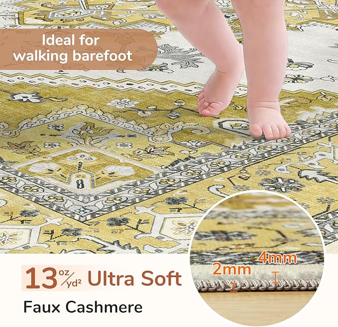 OPPODREAM Thin Area Rugs 4x6, Low-Pile Washable Rugs 4x6 with Non Slip Backing, Faux Cashmere 4 x 6 Throw Carpet, Yellow