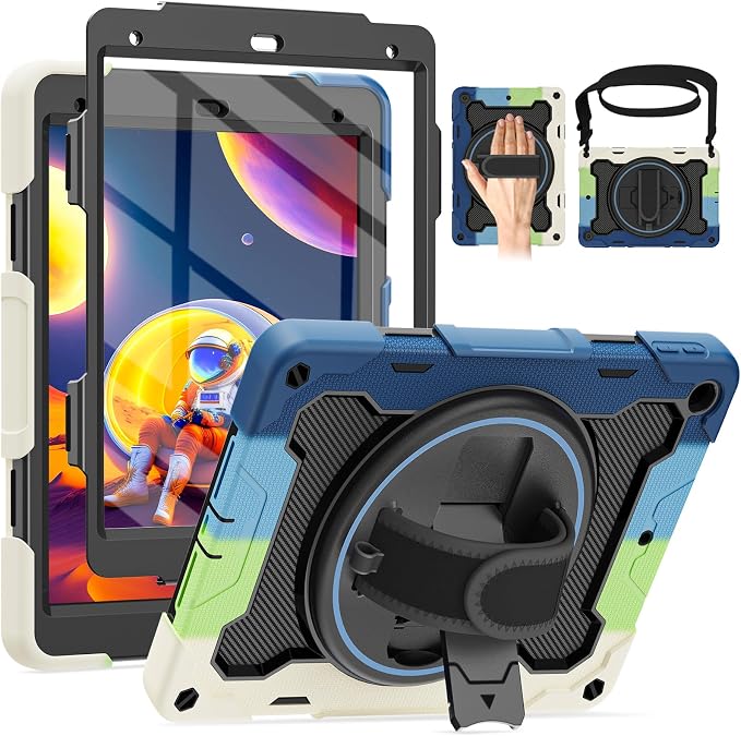 for iPad 9th 8th 7th Gen Case 10.2 inch with Screen Protector | 360° Rotating Kickstand Hand Strap Shoulder Strap Heavy Duty Military Grade - Kids Friendly
