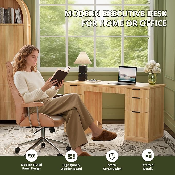 FURSUN 58" Fluted Modern Desk with Storage, Home Office Desk with 1 File Cabinet & 5 Drawers, Wood Executive Computer Writing Desk for Study, Living Room, Bedroom, Natural Oak