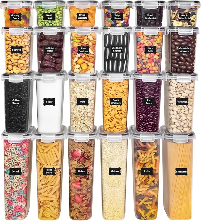 Freshware Kitchen Storage Containers with Lids, 48 PCS Airtight Food Storage Containers, Plastic Kitchen Containers, Pantry Containers for Cereal, Dry Food, Includes Labels, Marker & Measuring Spoons