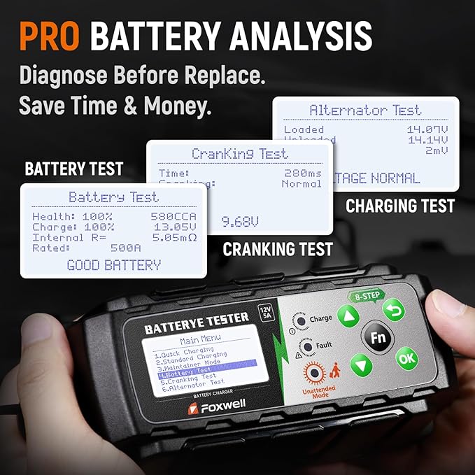 FOXWELL BC521 5A 12V Battery Charger & Tester, 4-in-1 Battery Maintainer, Trickle Charger & Starting/Charging System Tester, Smart 8-Stage Charging, Pulse Repair, Unattended Mode for Car/RV/Motorcycle