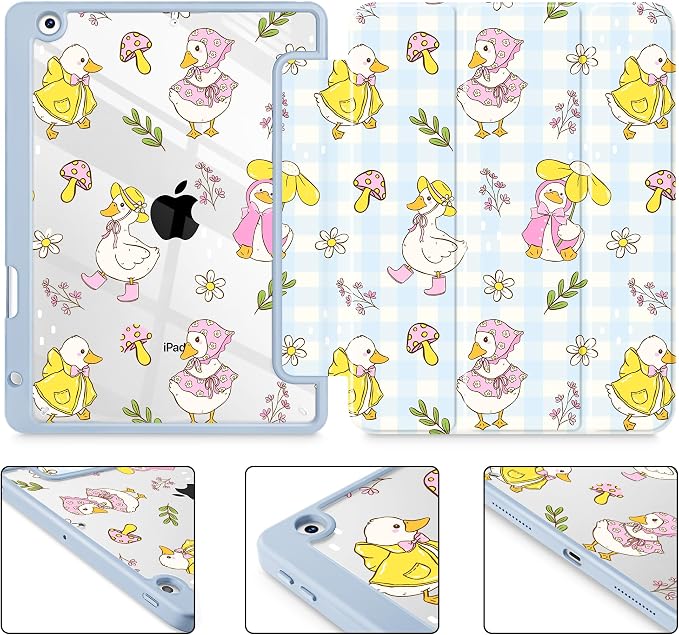 Case for iPad 9th/8th/7th Generation 10.2-Inch (2021/2020/2019 Release) with [Built-in Pencil Holder] Shockproof Cover with Clear Transparent Back Shell &amp Auto Wake/Sleep - Blue Bows