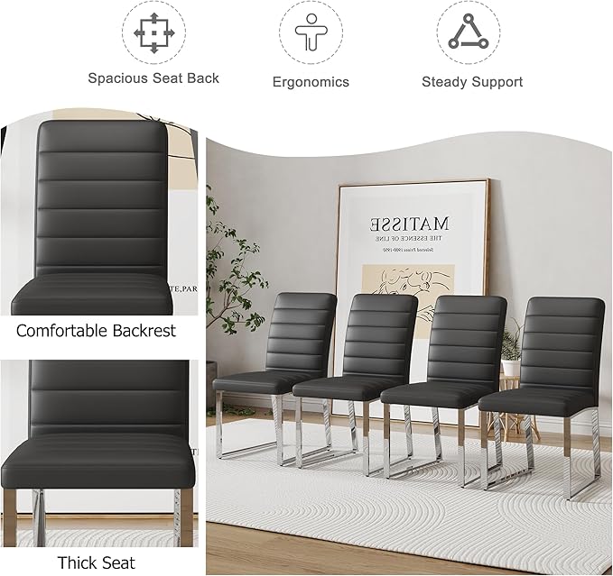 Modern Dining Chairs Set of 4, White Faux Leather Kitchen Chairs, Upholstered Armless Dining Room Chair with Gold Mental Legs Heavy Duty, Comfortable (Black Chairs, Set of 2)