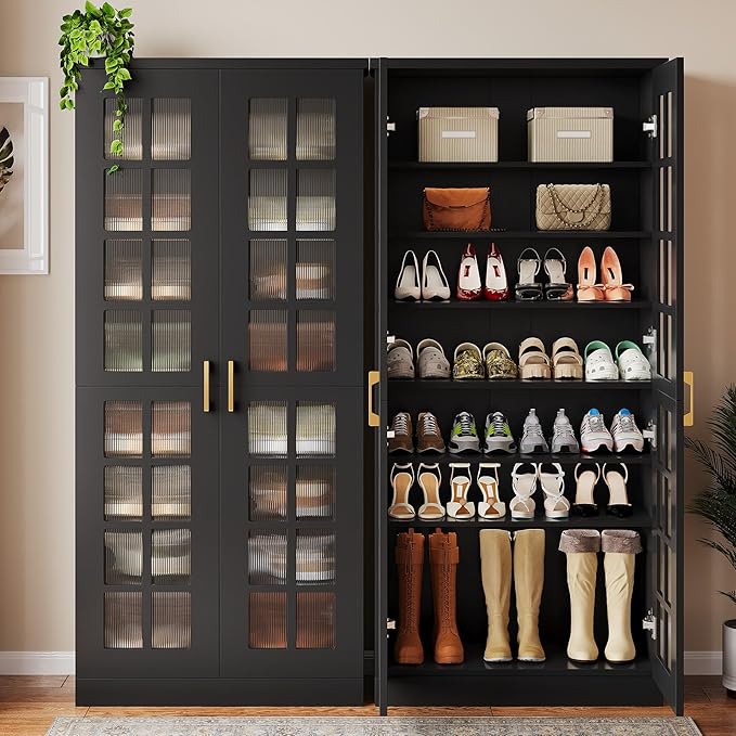Tribesigns Tall Shoe Cabinet Set of 2, 8-Tier Shoe Storage with Adjustable Shelves, Modern Shoe Organizer Shoe Rack Cabinet for Entryway, Hallway, Closet, Living Room, Black