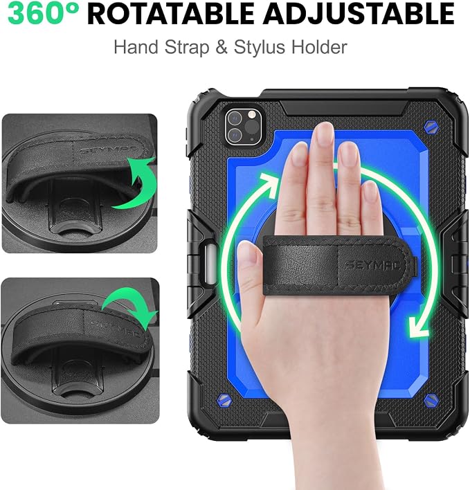 SEYMAC Case for iPad Pro 11 4th/3rd/2nd/1st Gen 2022-2018 Black | Full-Body Shockproof Protective Built-in Screen Protector 360° Rotating Stand Hand/Shoulder Strap Pencil holder