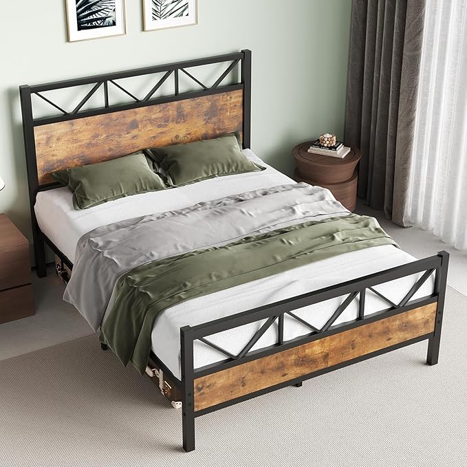 Full Size Bed Frame with 51.2" Tall Headboard, Platform Bed Frame with Metal Support, Solid and Stable, Noise Free, No Box Spring Needed, Rustic Brown