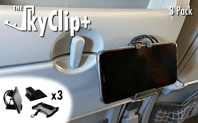 The SkyClip+ Phone &amp Tablet Holder for Air Travel Home and Office Use - Inflight Phone Mount &amp Stand Compatible with iPhone Android Kindle and Tablets - Ultimate Travel Accessory (Black)