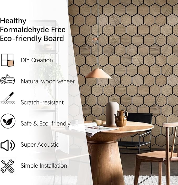 ARMURO Wall Paneling for Interior Wall - 4 PCS Hexagon Wall Panels - Hexagon Acoustic Panels - Natural Walnut Wood Veneer Sound Proof Panels for Walls, Wood Slat Wall Panel 23.8" W x 29" L
