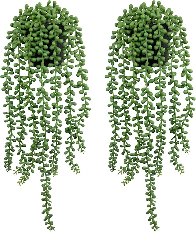 LOYWREE 2 Pack Lifelike Artificial String of Pearls Plant - Faux Hanging Succulent with Black Pot, Realistic Trailing Fake Plant for Indoor Outdoor Shelf Desk Window Sill Home Garden Office Decor