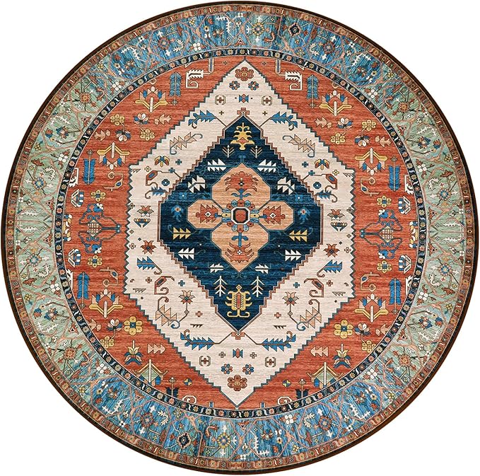 Lahome Boho Washable 5Ft Round Area Rug, Non-Slip Throw Untra-Thin Round Carpet, Oriental Vintage Distressed Circle Rug for Dining Living Room Bedroom Kitchen Office, 5x5/Rust