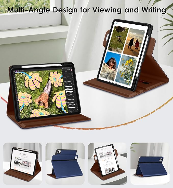 DTTO for iPad Pro 13 Inch Case M5 / M4 (2025/2024) Brown | 360 Degree Rotating Premium Faux Leather Folio Stand Cover with Pencil Holder Auto Sleep/Wake Multiple Angles