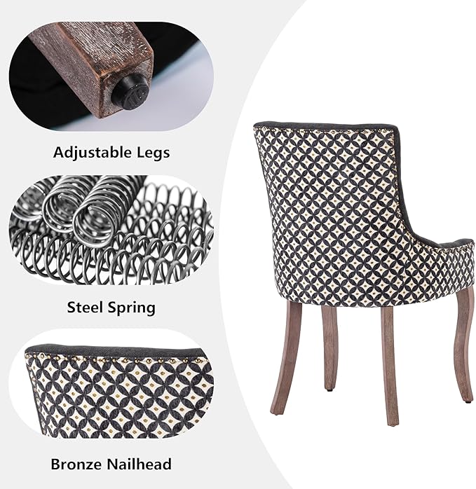 Farmhouse Dining Chairs Set of 4, Upholstered Fabric Dining Room Accent Chairs with Wood Legs & Bronze Nailhead, High Wingback Kitchen Chairs for Living Room Hotel Apartment, Black