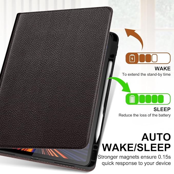 Genuine Leather Case for iPad 11th Gen 11/10th Gen 10.9 Black | Pencil Holder Adjustable Stand Auto Wake/Sleep Shockproof