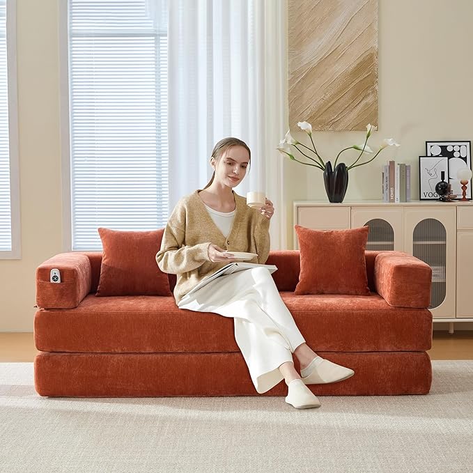 Convertible Floor Sofa Bed with Storage Pocket, Chenille Folding Mattress Sofa with Zipper Closure, Floor Lounge Couch for Living Room, Bedroom, Studio -Burnt Orange