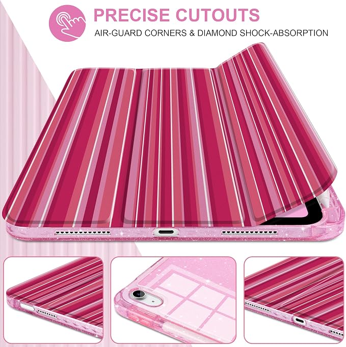 MEEgoodo Case for iPad A16 11th Generation 2025/10th Generation 2022 Glitter Tablet Cases with Transparent Acrylic Back+Trifold Stand +Pencil Holder+Auto Wake/SleepAbstract Sun &amp Palm Tree
