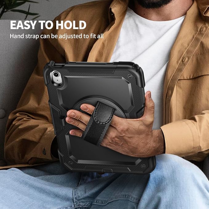 Ambison Case for iPad (A16) 11th/10th Generation 11''/10.9'' Black | Hand Strap 9H Tempered Glass Screen Protector Rotating Stand Shoulder Strap Heavy Duty Shockproof Pencil Holder