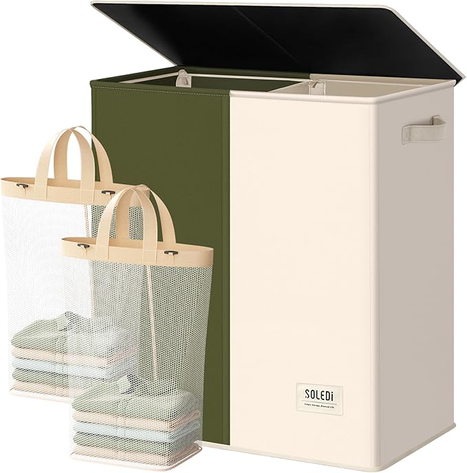 SOLEDI Large Double Laundry Hamper with Lid, Collapsible Clothes Hamper 2 section with Removable Bags, Space-Saving Laundry Basket for Bedroom, Dorm, College