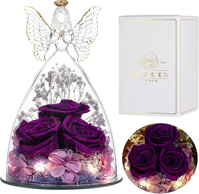 Ocosy Mothers Day Rose Gifts for Her, Large Angel Rose Gifts for Women, Forever Real Roses in Figurines, Guardian With Roses Flower, Purple White