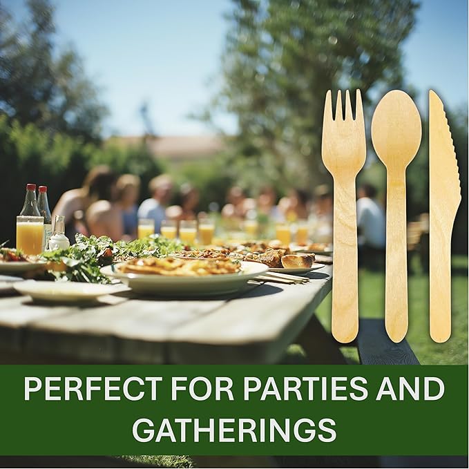 Envmax Disposable Wooden Cutlery Set 360 PCS - 100% Compostable Wooden Silverware [120 Forks, 120 Spoons, 120 Knives] - Wooden Disposable Utensils - Compostable Forks and Spoons - Silverware
