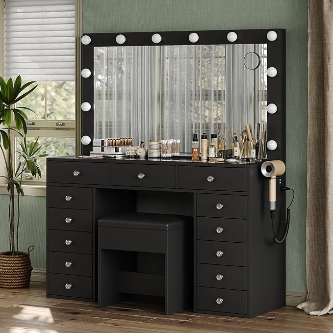 Vanity Desk with Mirror and Lights, 13 Drawers Makeup Vanity with Glass Top, 3 Color Lighting Modes, Makeup Vanity with Chair for Bedroom (Black)