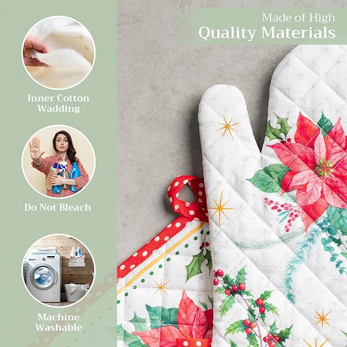 Maison d' Hermine 100% Cotton Oven Mitt & Pot Holder Set (7.5"x13" & 8"x8") Heat Resistant BBQ Cooking Gloves with Loop for Thanksgiving Christmas Decorations Handling Hot Pans (Poinsettia Christmas)
