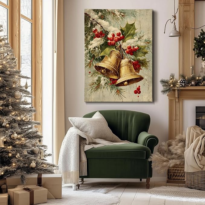 Vintage Golden Bells & Holly Berries Christmas Canvas Wall Art - Rustic Winter Holiday Framed Print for Living Room, Elegant Christmas Wall Decor, Ideal Christmas Gifts & Festive Decorations