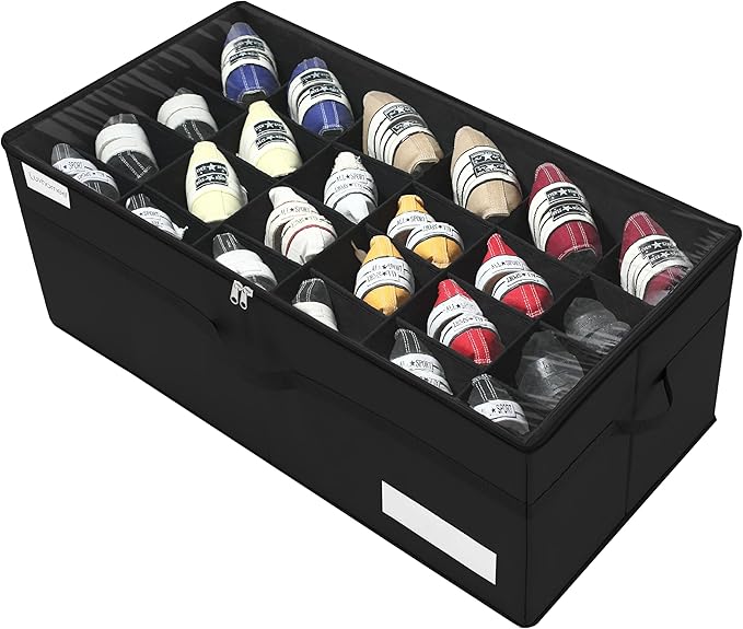 Luvhomee Shoe Storage Organizer, Fits 24 Pairs, Large Shoe Organizer Box for Closet, Clear Foldable Shoes Containers w/Bottom Support, Space Saving Shoe Cubby Storage Boxes w/Reinforced Handles, Black